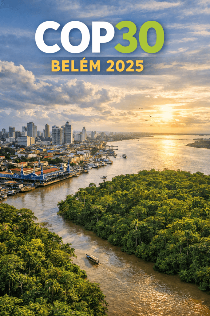 imagem por IA da cidade de Belém do Pará ao fundo e rio e floresta amazonica em primeiro plano