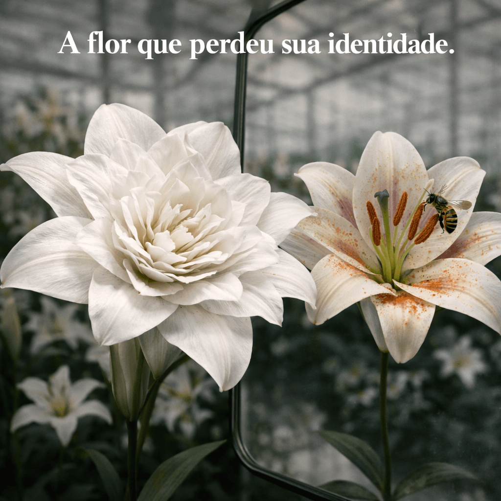 flor sem identidade NA imagem vemos uma flor refletindo sua imagem no espelho. A da esquerda é uma flor adulterada pela tecnologia e a da direita como é na natureza, com uma abelha visitando