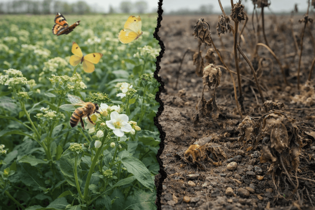 metade da imagem tem um campo florido com polinizadores, outro metade eles mortos, terreno sem vida, árido e de destruição