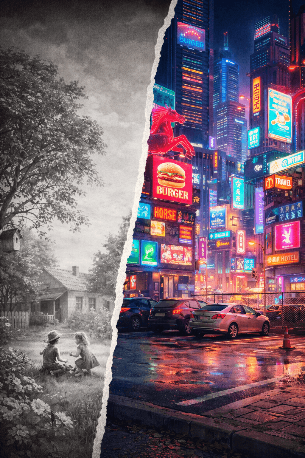 memória antiga imagem cortada ao meio. do lado esquerdo uma vida ligada à natureza, em preto e branco e do direito uma cidade repleta de luz artifical e banners coloridos