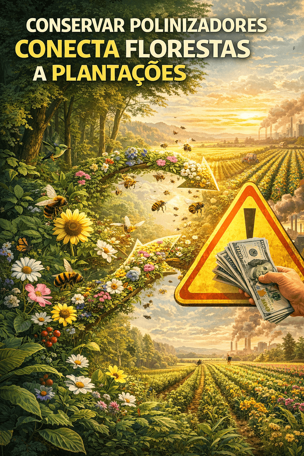polinização e finanças abertura figura mostra um triangulo amarelo de sinalização de atenção e de um lado floresta com flores e do outro um campo de cultivo. Entre eles uma mão segurando dólares